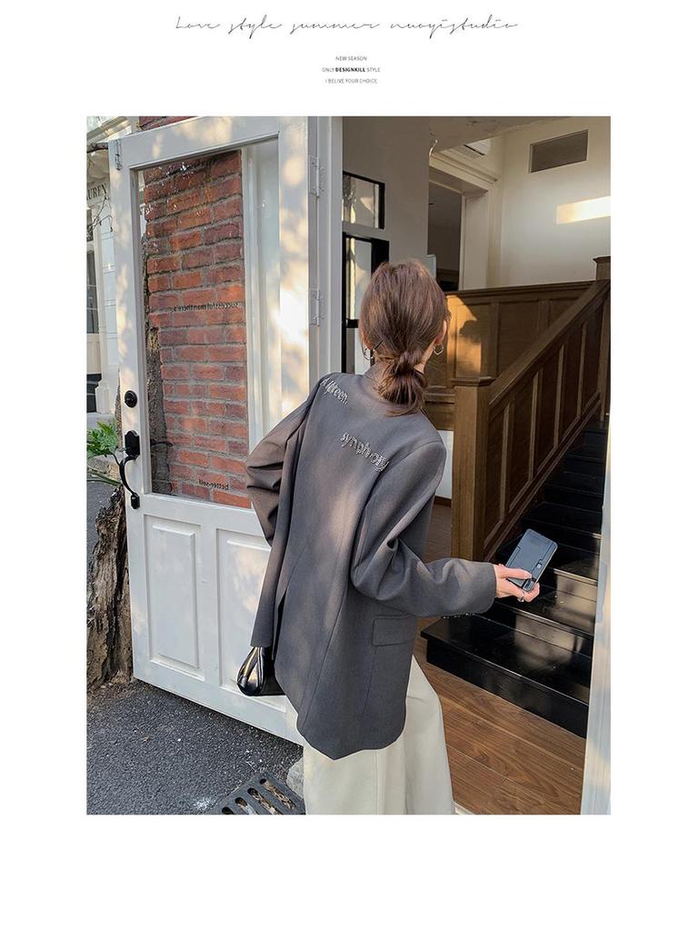 Women's Spring 2025 Fashion Suit Jacket with Rhinestone Lettering - Grey, Casual, All-Match, Loose Fit.