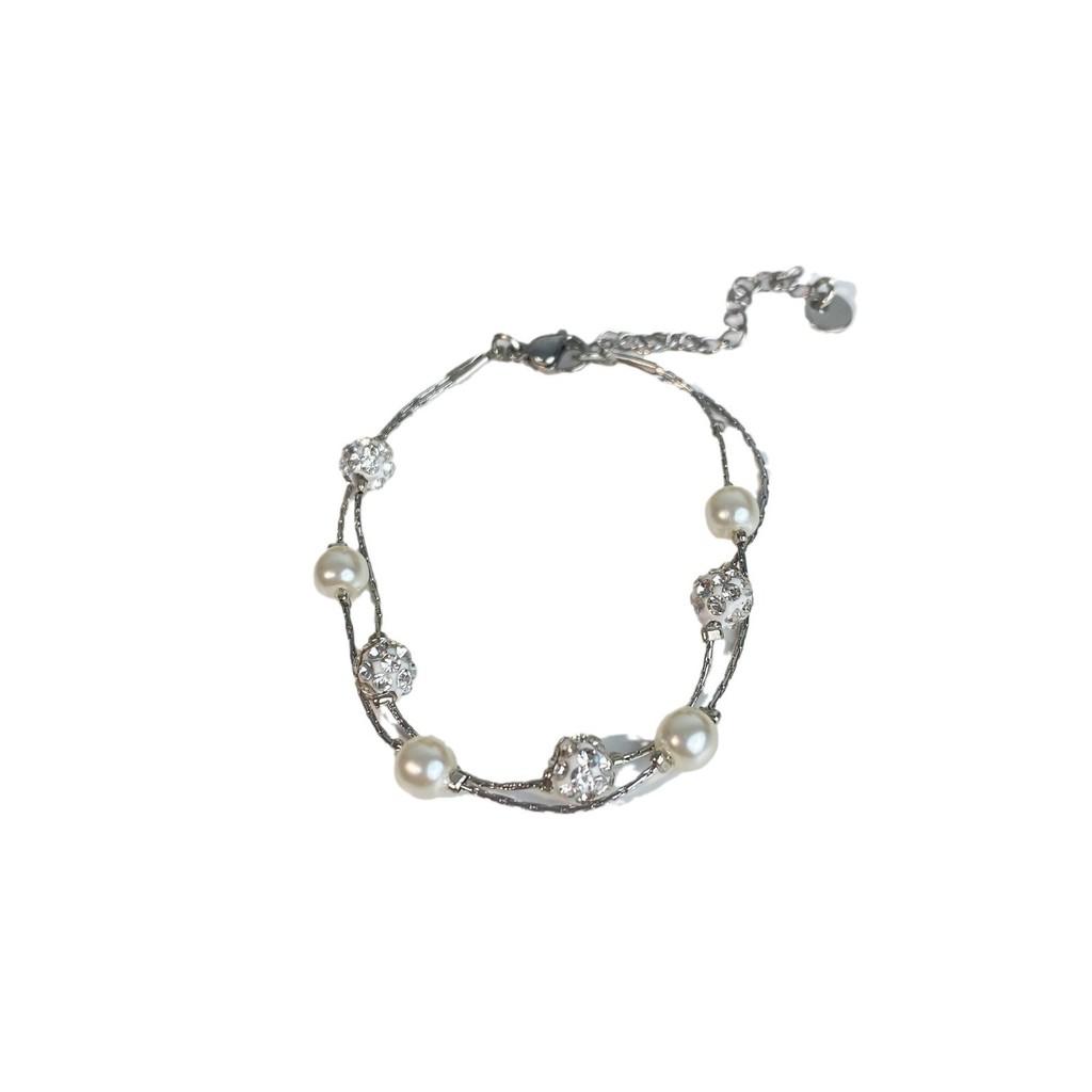 Elegant Silver Doublelayered Pearl Bracelet Chic Minimalist Titanium Steel Jewelry Women For