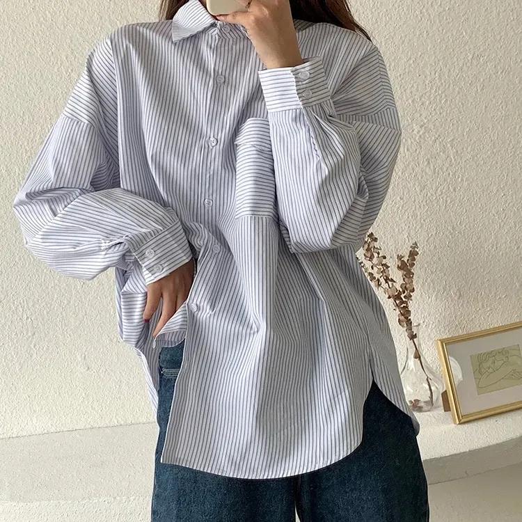 WTEMPO Office Ladies Spring Fall Striped Bottoming Long Sleeve Shirts Women Large Size Butttons Turn-down Collar Casual Shirts