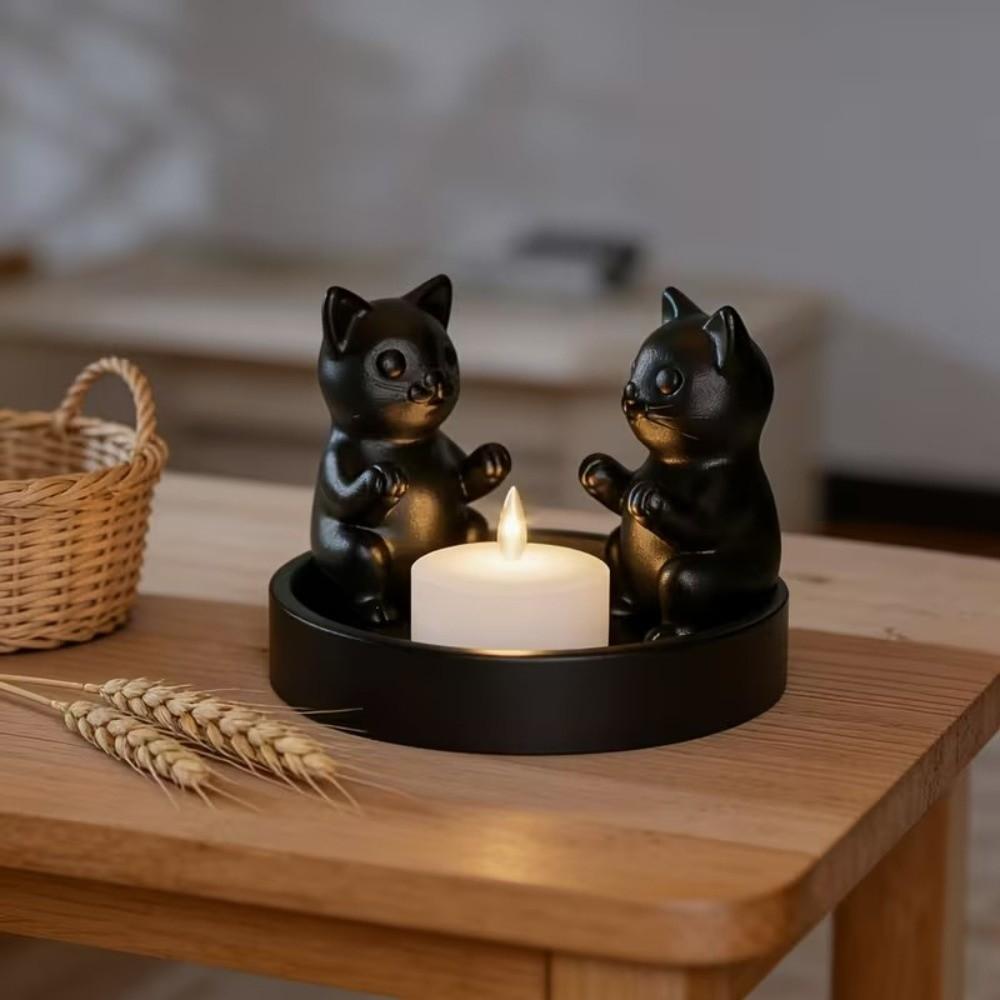 Creative Cartoon Cat Candle Holder Ring-Shaped Cute 3D Printed Candlestick Decorative Black Kitten Ornament Apartment