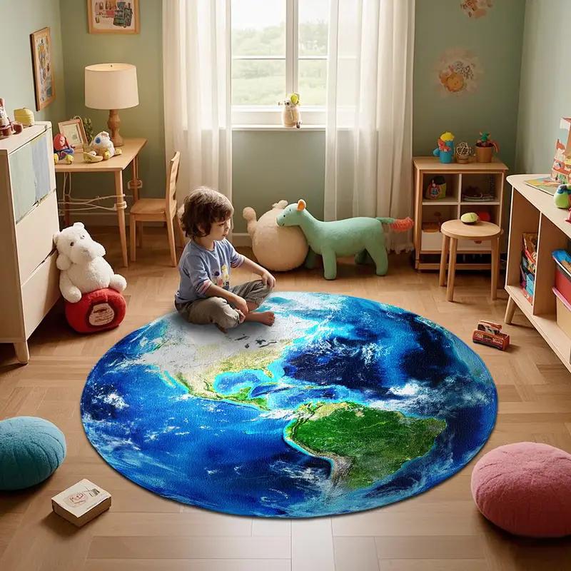 Visual Simulation Globe Map Round Rug Is Decorative Floor Mat for Versatile Science Themed Home Decor