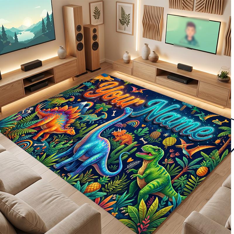 Dinosaur Theme Soft Crystal Velvet Rug Custom Name & Text Print Non Slip Floor Rug for Bedroom Living Room