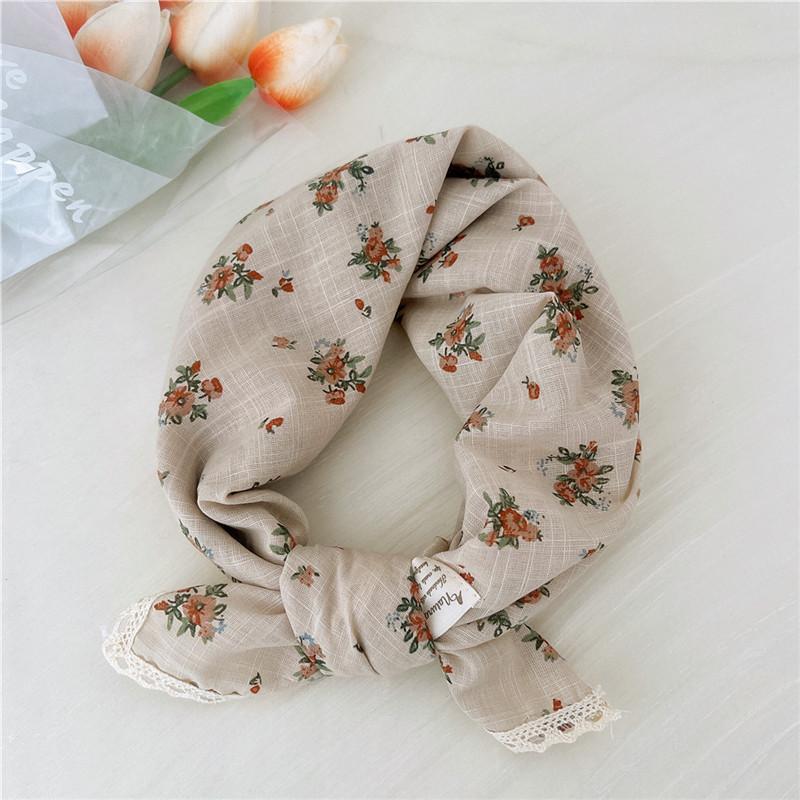 Cotton Linen Lace Edge Square Scarves 60cm Kerchief Neckerchief Bandanas Women Casual Neck Scarf Plaid Print Geometric Pattern