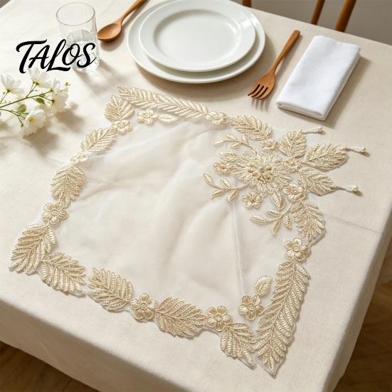 Mesh Table Mat Floral Embroidered Placemat, Heat Insulation with Beads, Decorative Mats for Dessert Shop Display Retro Coaster Wedding Dining