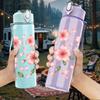 1PC Soft Pink Flower Repeat Pattern 750ml Color Plastic Sports Water Bottle Leakproof Flip Straw Lid Suitable for Sports Office Home Use