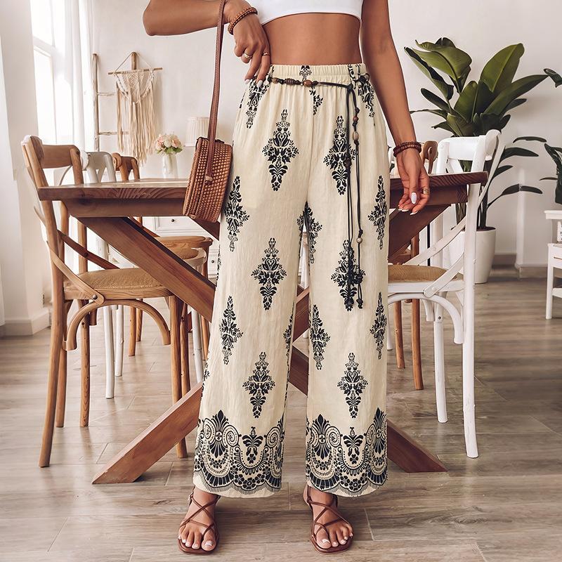 2026 New Design Ethnic Vacation Style Printed Stretch Waistband High-Waisted Wide-Fit Pants with Waist Rope S
