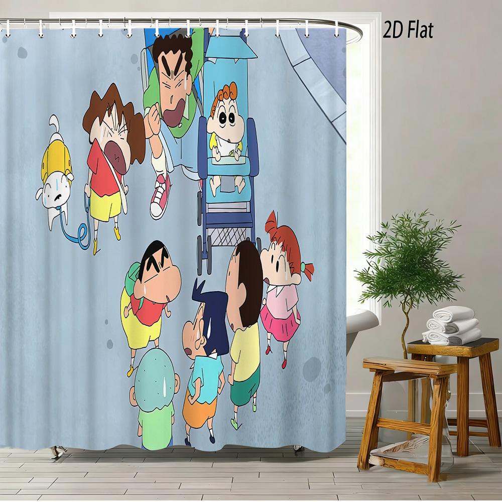 Crayon Shin-Chan & Friends Adventure 2D Print Waterproof Shower Curtain, Anime Bathroom Decor With Hooks