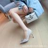 [Spot] Silver bow high heels women's 2025 new pointed stiletto crystal wedding shoes Xiuhe wedding dress