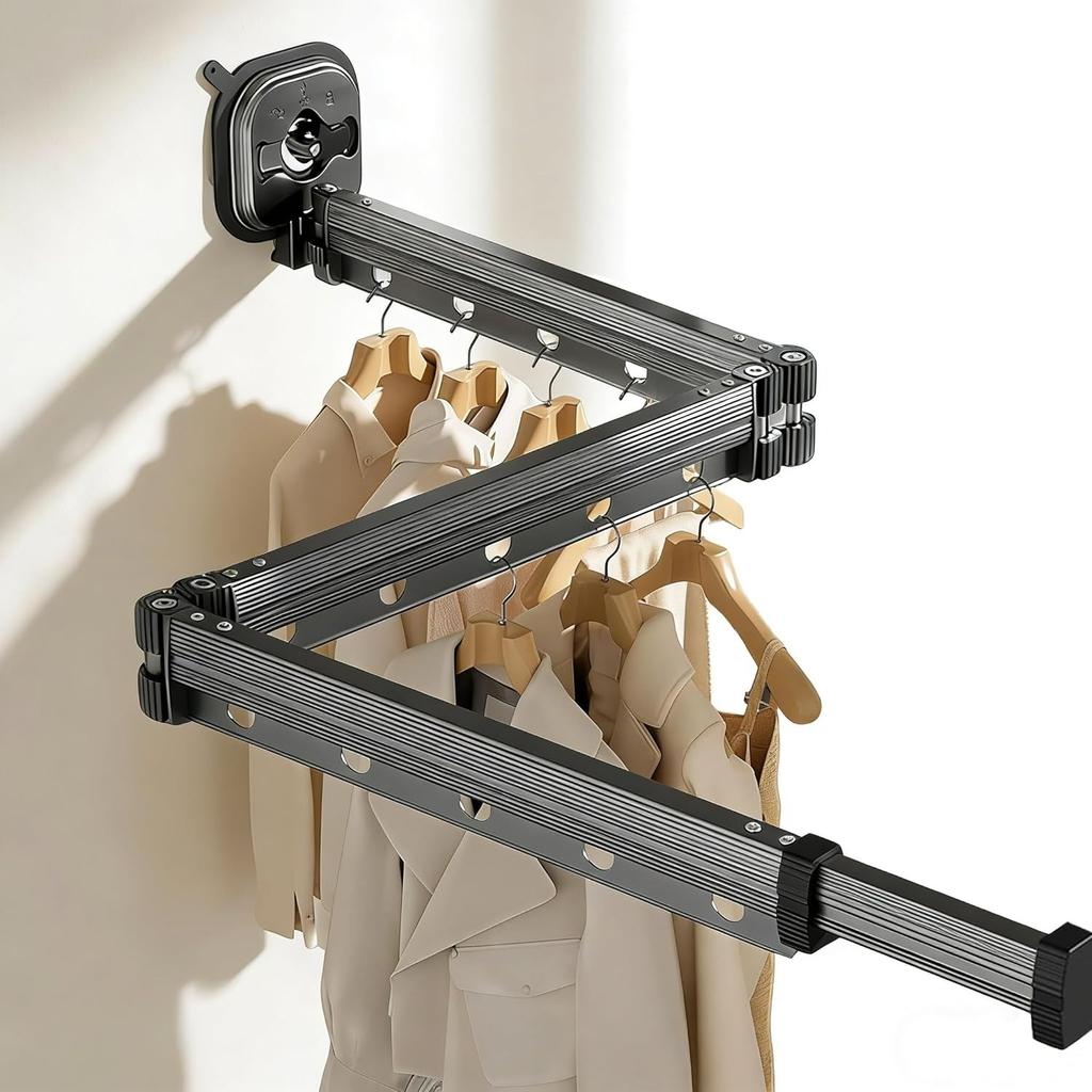 Wall-Mounted Foldable Clothes Airer,3-Fold Clothes Drying Rack with Retractable Towel Rack,No-Drill Suction Cup Clothes Rail,Space-Saving for Laundry