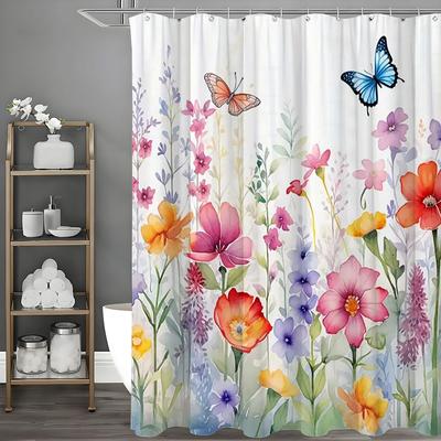 Kwiatowa zasłona prysznicowa Kwiat Motyl Kwitnąca Wiosna Akwarela Naturalna Botaniczna Zasłona Prysznicowa, Wodoodporna z Haczykami