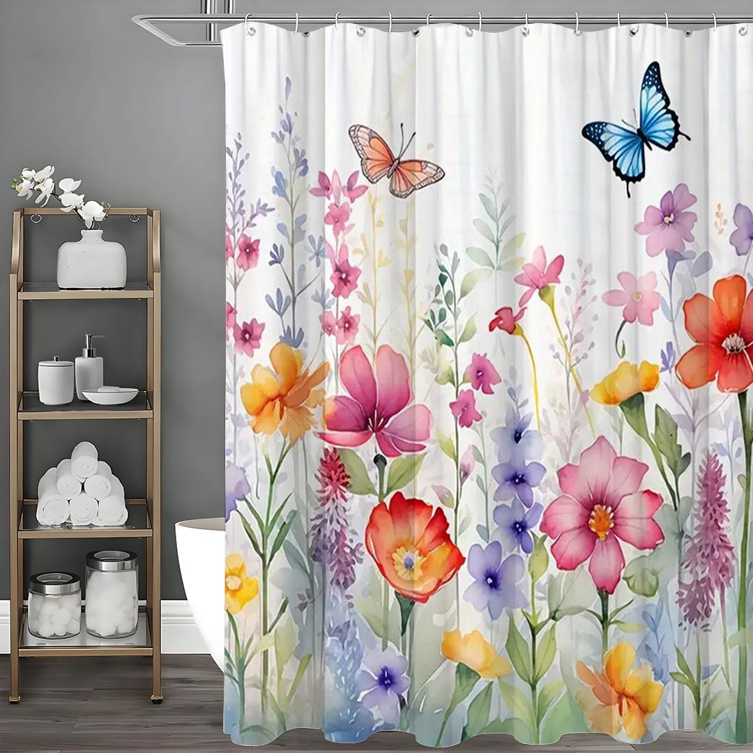 

Цветочная шторка для душа Цветок Бабочка Цветущая Весна Акварель Натуральная Ботаническая Шторка для душа, Водонепроницаемая с крючками 200*180cm