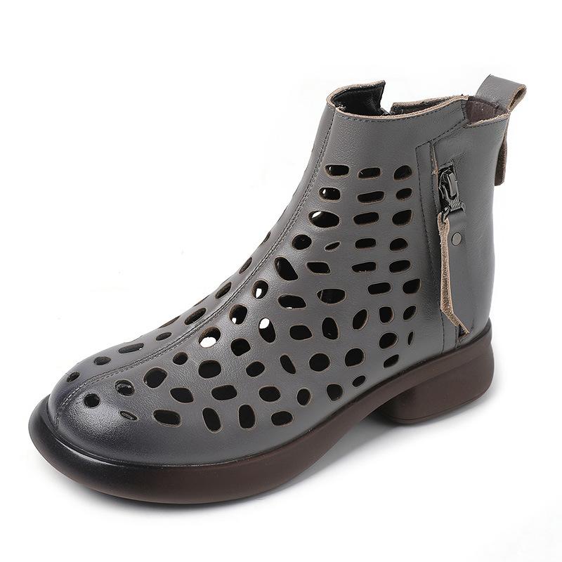 Fashion GKTINOO 2025 Summer Ankle Boots Genuine Leather Shoes Women Mid Heels Sandals Side Zip Boots Cutout Breathable Mujer Zapatos