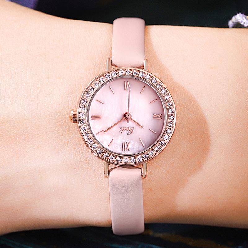 High-value Round Fashion Atmosphere Diamond-encrusted Waterproof Quartz Watch Simple Leather Business Rose Gold