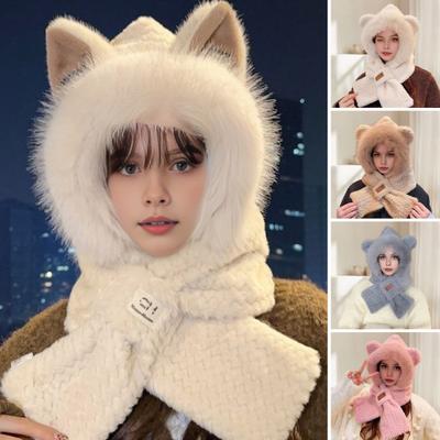 Frauen Winter Integrierte Hut Und Schal Dicke Fleece Warm Cartoon Fuchs Ohr Dekor Winddicht