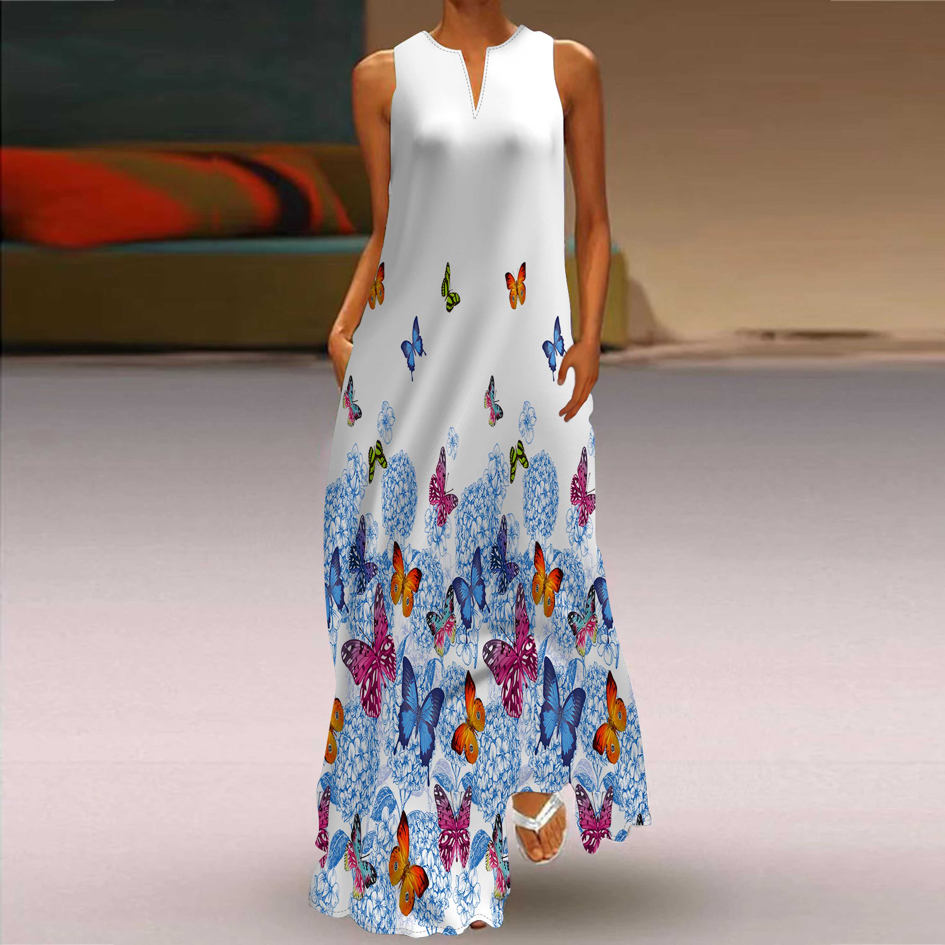 

Женское платье-трапеция Макси с длинными рукавами, без рукавов, с бабочкой и цветочным принтом, осень-зима, с v-образным вырезом, в стиле ретро, ​​элегантное 4XL синий