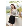 Women's Black White Striped Polo Top Puff Sleeve Knit Blouse Sweaters Pullovers