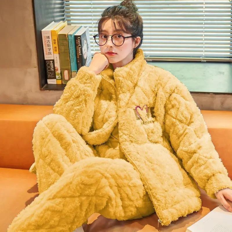 Nové Coral Fleece Pyžamo Dámské Podzimní a Zimní Pyžamo Třívrstvé Zahuštěné Plyšové Domácí Oblečení Teplá Bavlna Domácí Oblečení