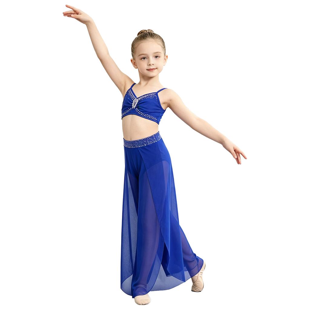 Kids Girls Lyrical Dance Pants Shiny Rhinestone Waistband Side Split Mesh Trousers for Stage Performance Competition