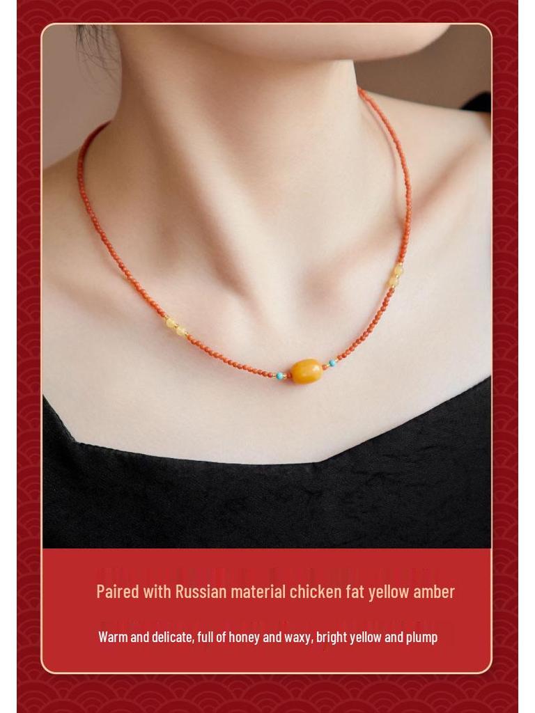 Nanhong Agate & Amber Red Beaded Pendant Choker Necklace
