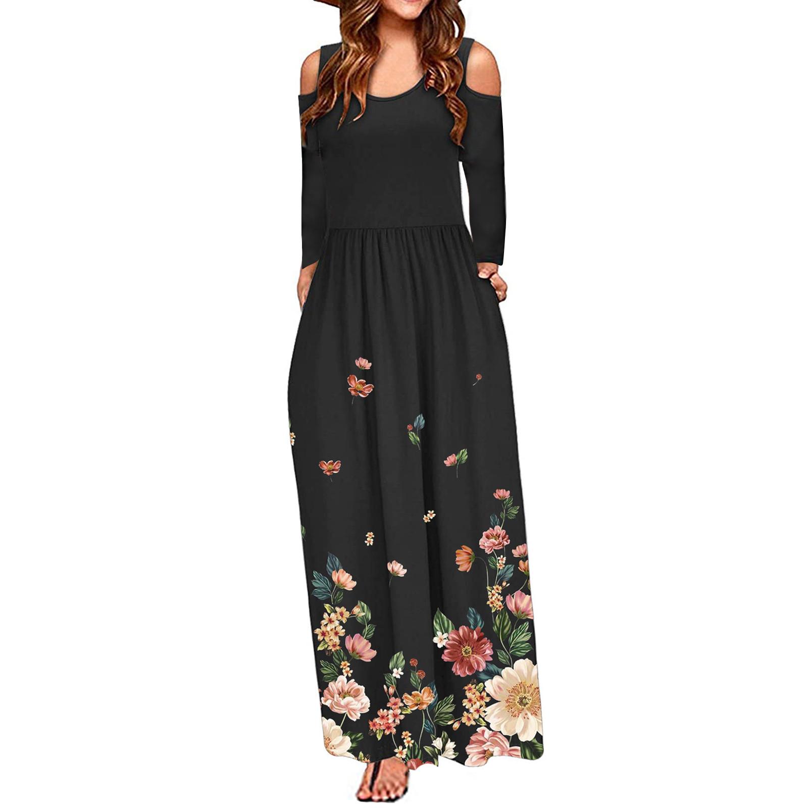 

Жіноча модна довга сукня в підлогу з відкритими плечима та довгими рукавами L чорний