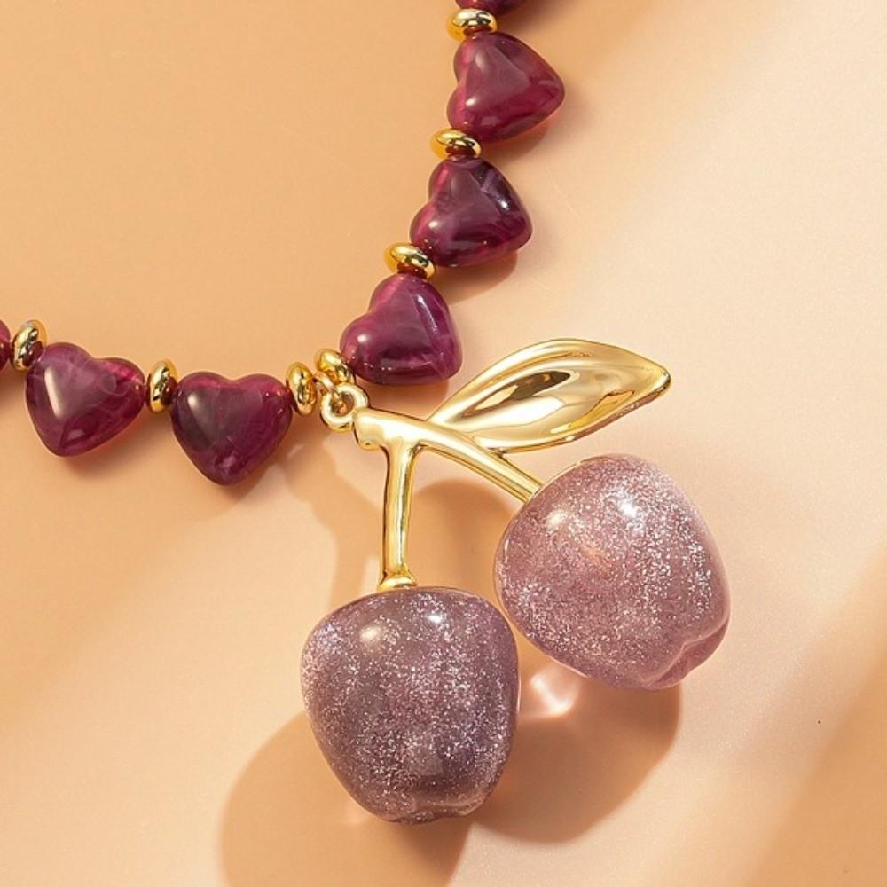 Love Heart Beadeds Women Cherry Necklace Acrylic Bohemia Choker Cherry Pendant  Vacation