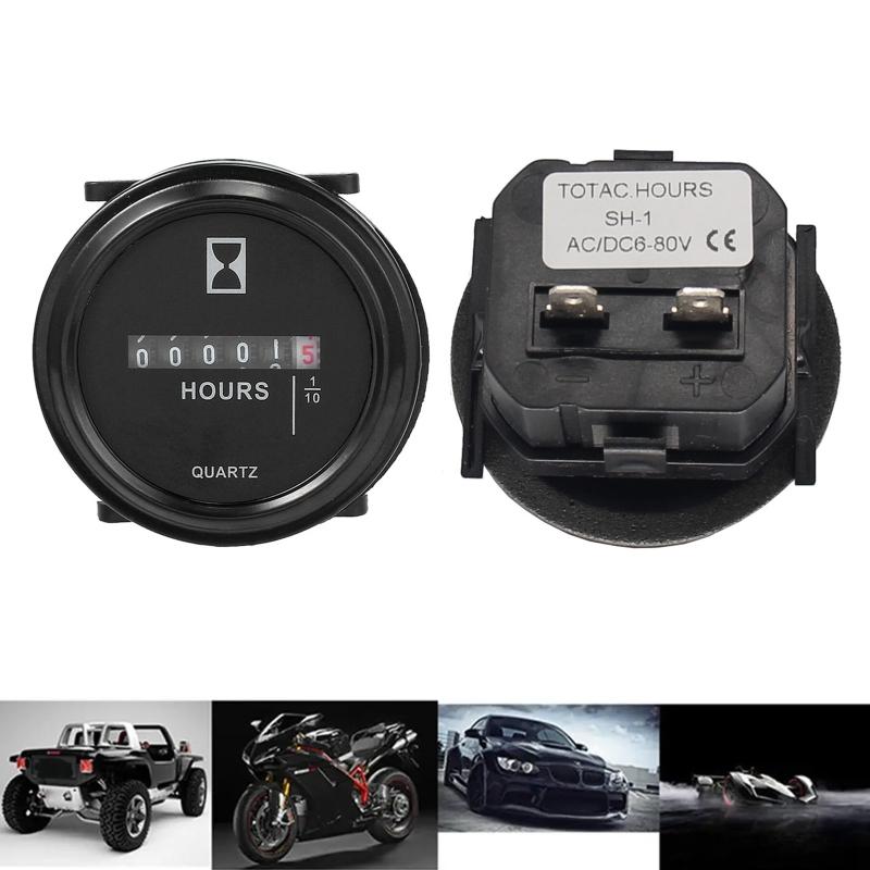Mechanical Hour Meter Gauge Professional Engine Hourmeter DC 6-80V for Boat Auto ATV UTV 2" Round Gauge