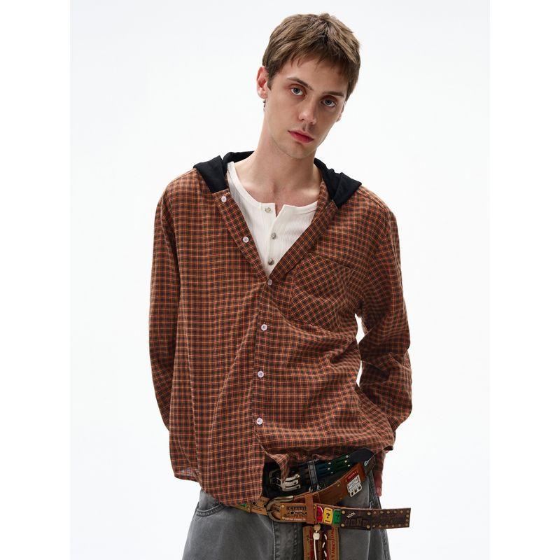 Madwitch Retro Plaid Hooded Long-Sleeved Shirt for Men and Women, Loose Casual Vibe, Versatile for Work Clothing, Early Autumn Shirt