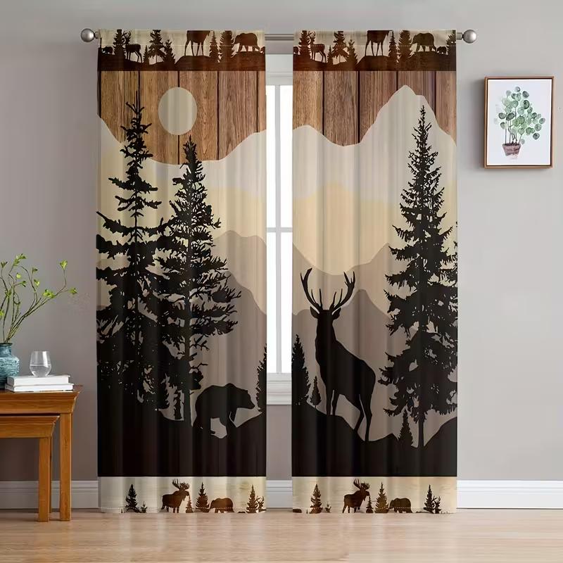 Set Of 2 Forest Animal Mountain Pattern Curtains Designed Light Blocking Premium Material Suitable Cabin Living Rustic Made Polyester