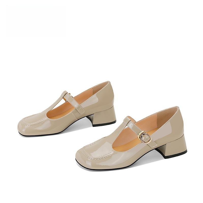 

2025 new one-word buckle leather women s shoes versatile light mouth middle heel shoes children thick heel Mary Jane women s autumn shoes 40