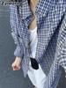 Camisa a Cuadros Azul Vintage de Manga Larga para Mujer Estilo Perezoso de Otoño Holgada Casual con Botones