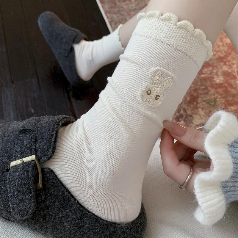 Cartoon Embroidered Socks, Girls' Lace, Cute Little Rabbit Socks, Pure Cotton Mid-calf Pile Socks