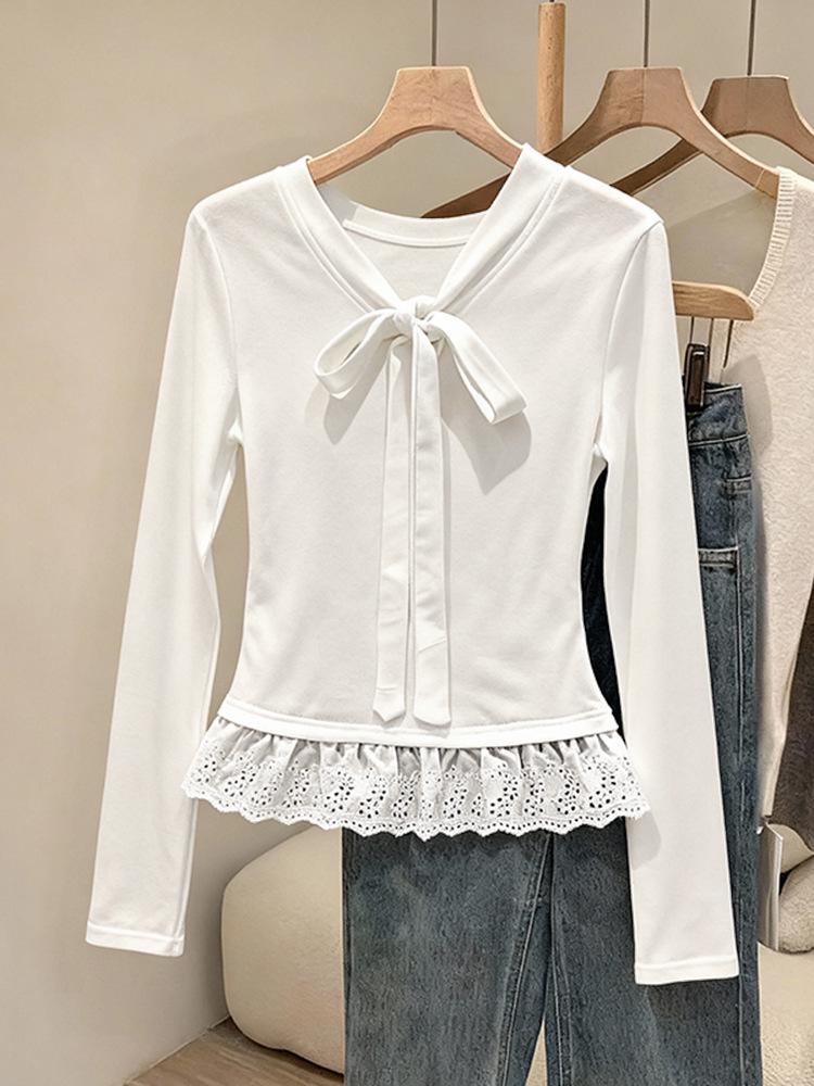 Women's White Lace Trim Bow Long Sleeve Slim Fit 2-in-1 Top for Autumn/Winter