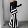 AC719 Women's Black & White Digital Print Striped T-shirt Dress with Nine-Sleeve, European & American Style