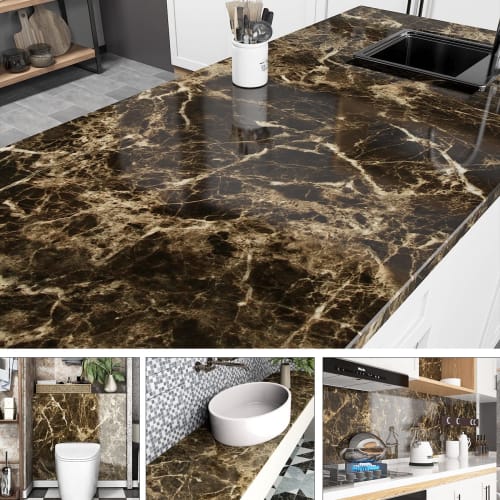 AbaBoorty Marble Wallpaper Sticker, Black-Brown, Marble Pattern, 40cm X 5m, with Adhesive, Waterproof, Heat-Resistant, Stain-Resistant, Oil-Resistant,