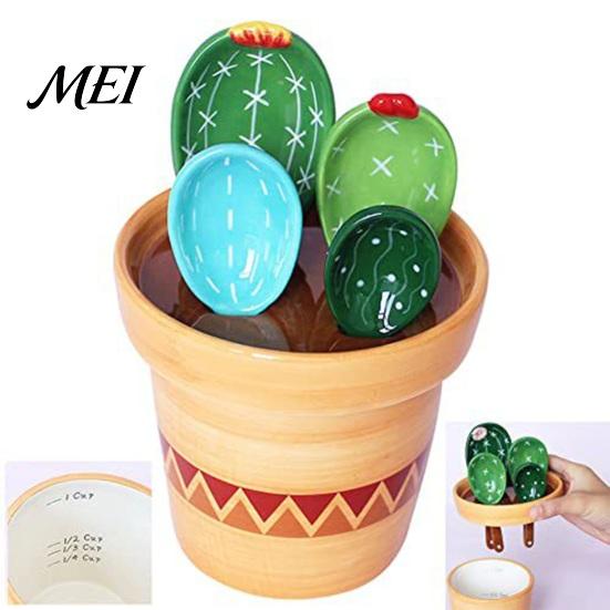 Bloempot Maatlepels Set 4 Stuks Lepels Set, Keramische Nestelbare Bekers met Standaard, Dagelijks Gebruik Schattig Keuken Bakgereedschap voor Koffie Thee, Cadeau