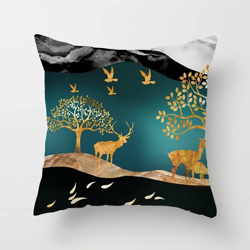 Black Gold Drawing Leaf Elk Tree Bird Butterfly Printed Square Pillowslip Polyester Cushion Cover Pillowcase Living Room Home