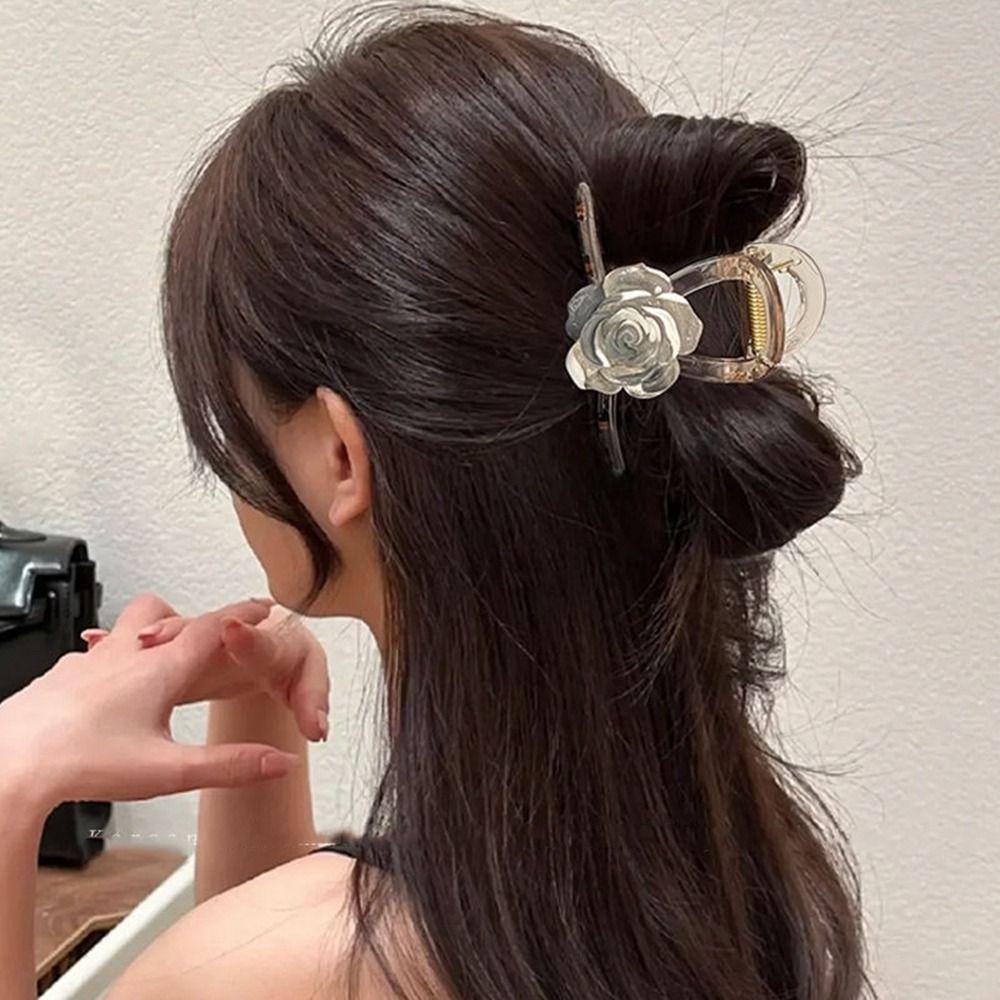 

Acrylic Rose Flower Hair Claw Camellia Flower Shark Clip Personalized Transparent Hair Clip Girls