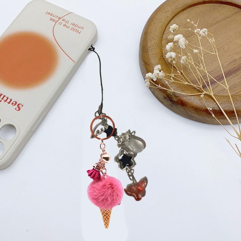 Bunter Eiscreme-Schlüsselanhänger Plüsch Pompons Anhänger für Damen und Herren Kunstpelz Schlüsselhalter Taschenanhänger Stilvolle Schlüsselringe