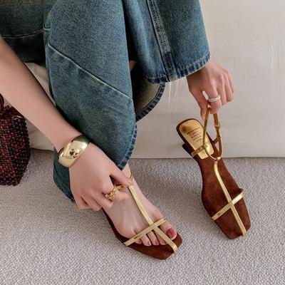 Fashion Women Open-toe Special-shaped Wedge Heels Sandals Summer New Roman Style Retro Thin-strap Solid Color High-end Holiday Sandals