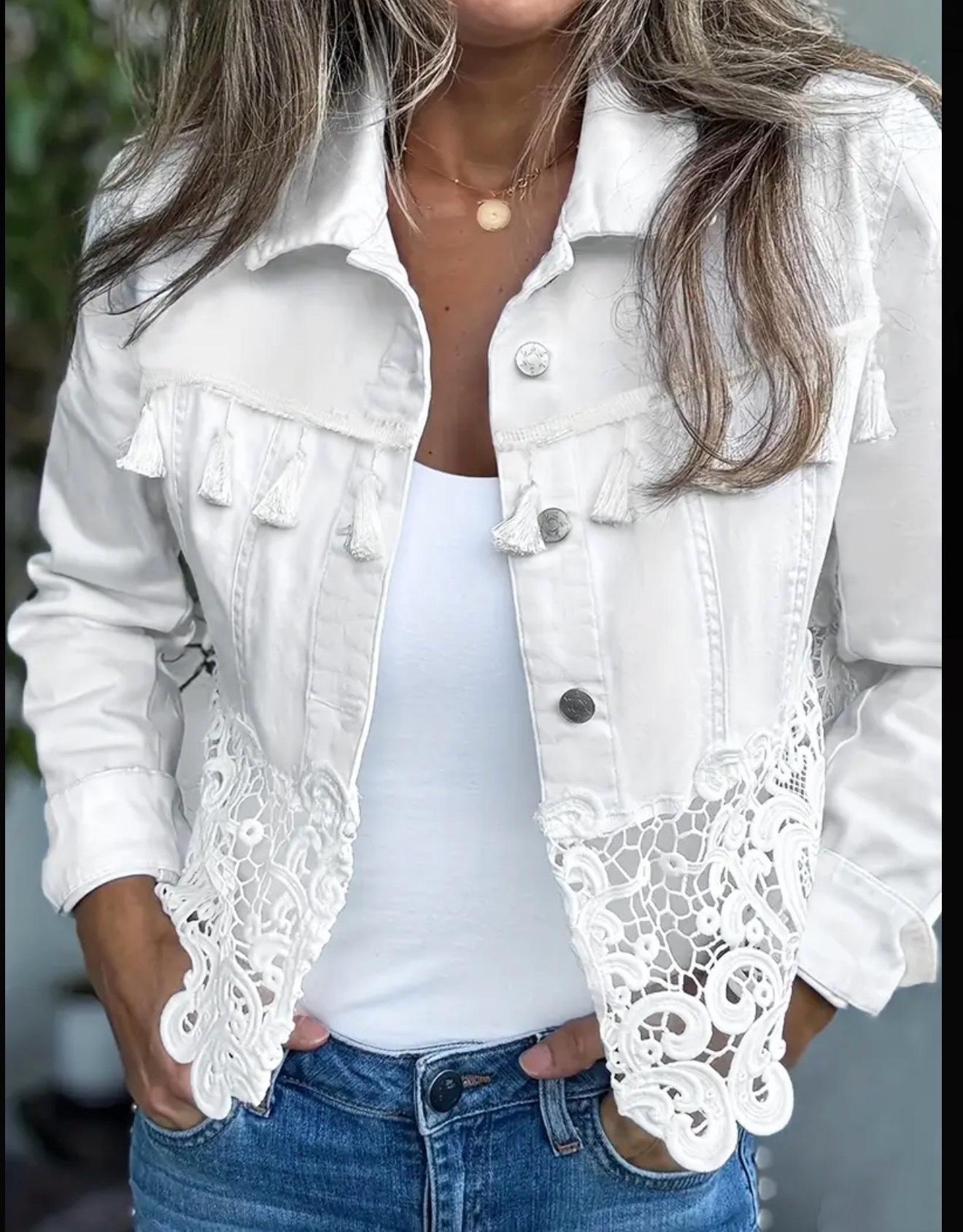 Damen Jeansjacke mit Spitzenbesatz und Quasten, Knopfleiste, Langarm, Lässige Oberbekleidung XL weiß