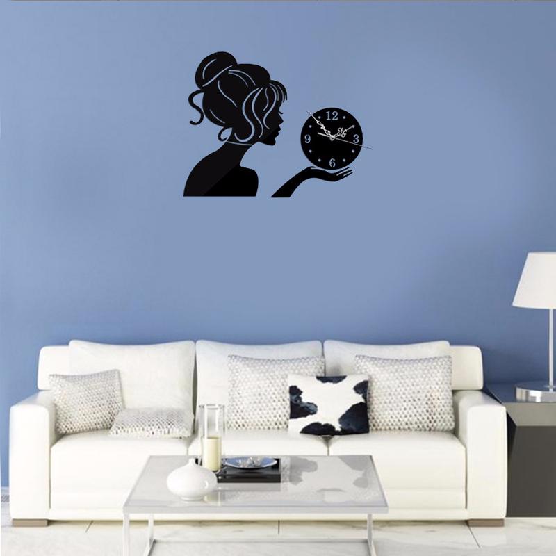 Beauty Girl 3D Acrylic Mirror Wall Clock Modern Design Decorative Mirror Wall Clocks