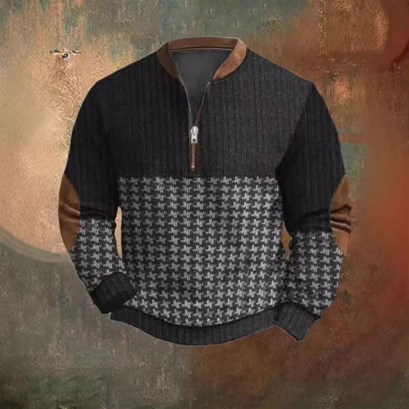 New European American Autumn Winter Men's Printed Half-zipper Sweatshirt Spliced Long-sleeved Casual Versatile Top