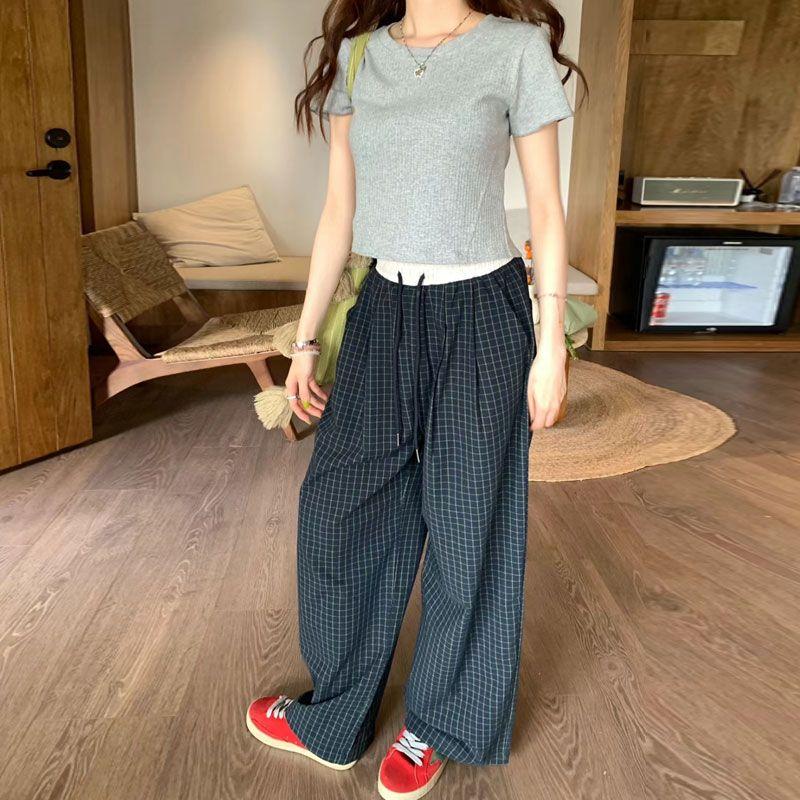 Sommer Atmungsaktiv Lässig Retro Patchwork Kordelzug Karomuster Locker Lässige Lange Hose