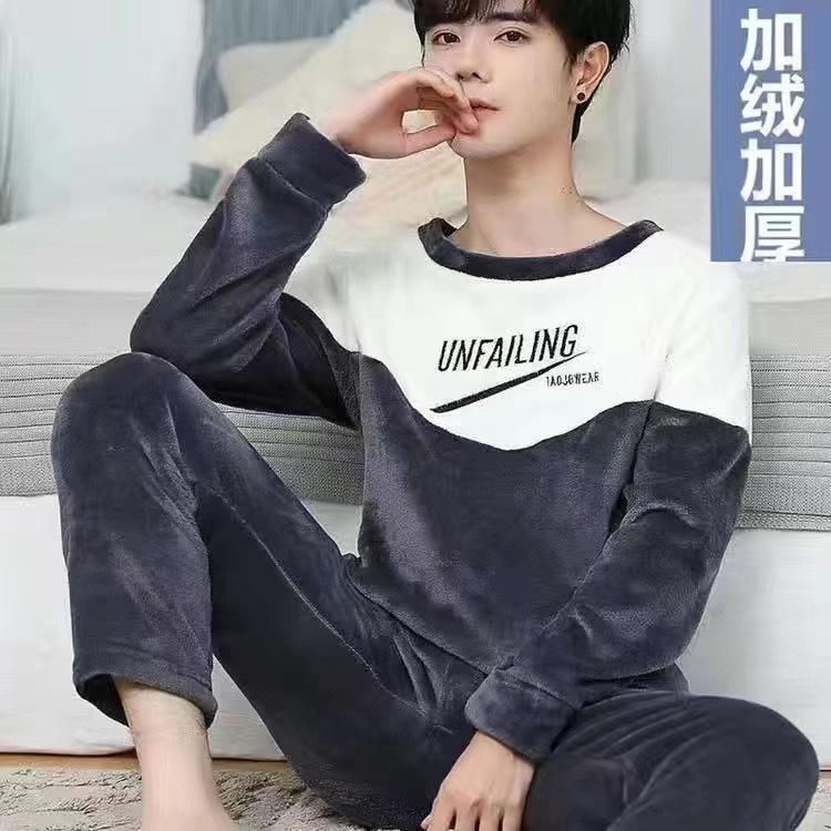 Men's Pajamas Fall and Winter Coral Fleece Thickened Padded Plus Size Cartoon Teen Flannel Home Wear Winter Sleepwear Homewear