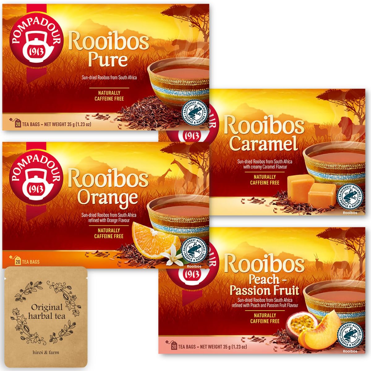 

Чай ройбуш Помпадур x 4 вкуса персик маракуйя оригинальный травяной чай образец (20ТБ) (прямой, апельсиновый, карамельный и фруктовый) +