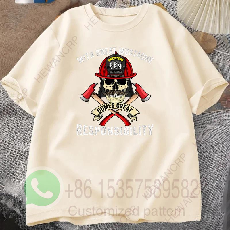 With Great Mustache Comes Great Responsibility Fireman Skull T Shirt Mens Tracksuit Casual Pullover Shortsleeved Sportswear