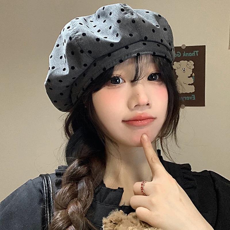 Korean Polka Dot Cloud Beret Female Spring Summer Big Head Circumference Retro Versatile Painter Hat Showing Face Small Bud Hat