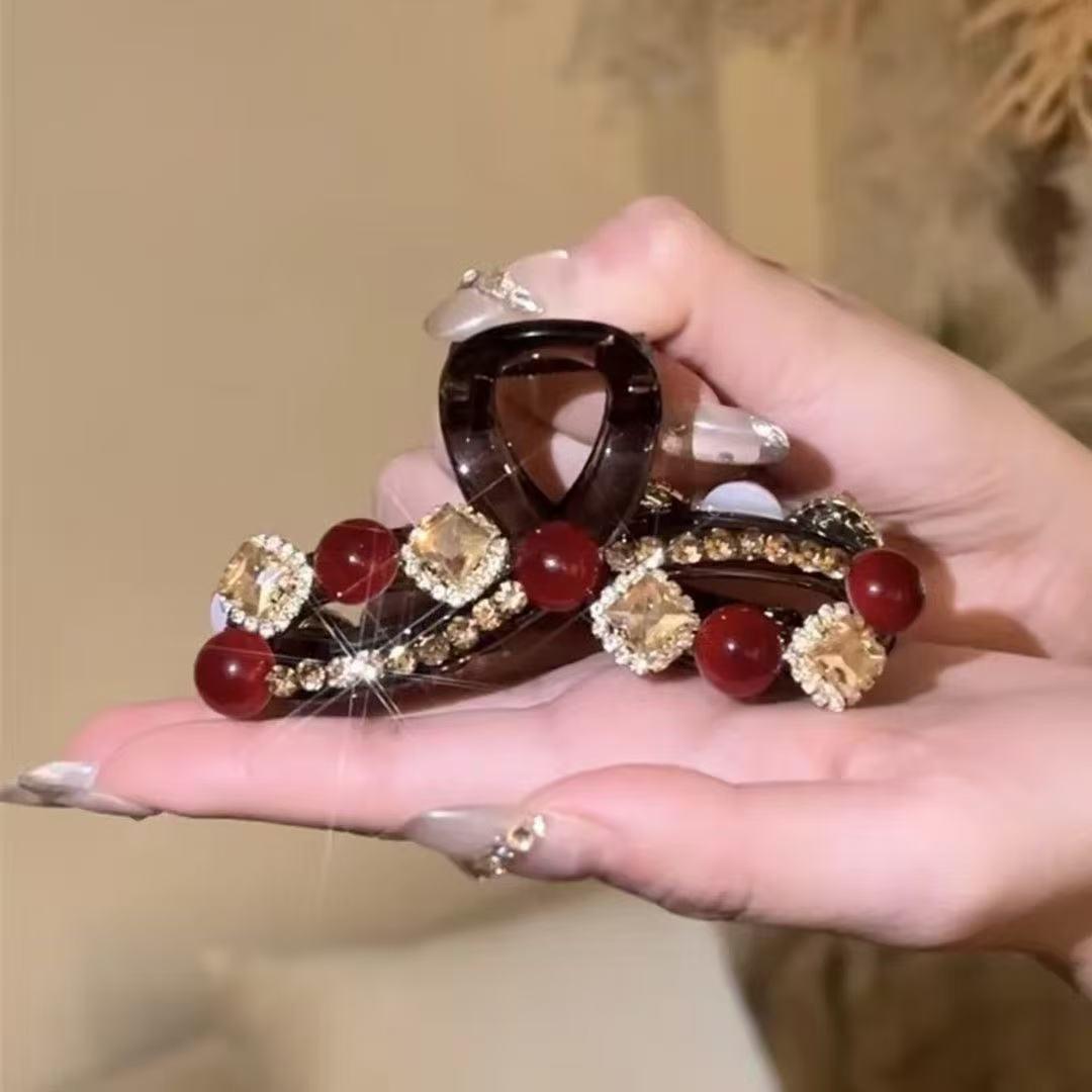 

Заколка-краб для волос с красным блестящим жемчугом класса люкс для женщин - Новогодний аксессуар-заколка