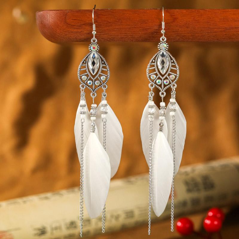 White Enamel Peacock Water Drop Feather Earrings for Women Ethnic Elegant Long Crystal Rhinestone Earring Boho Vintage Jewelry