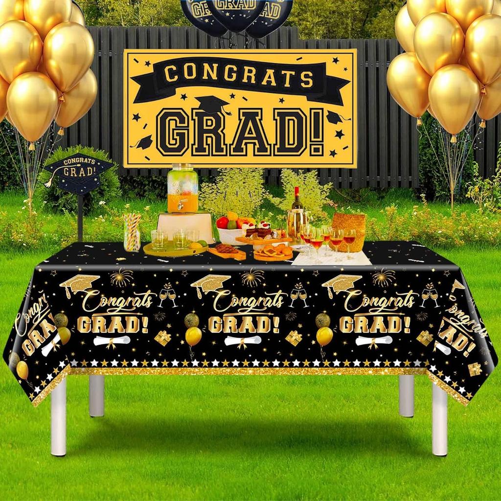 3 Pack Graduation Tablecloth Decorations,54x128inch Black Gold Congrats Grad Disposable Plastic Waterproof Rectangular Table Cloth Cover Decor for